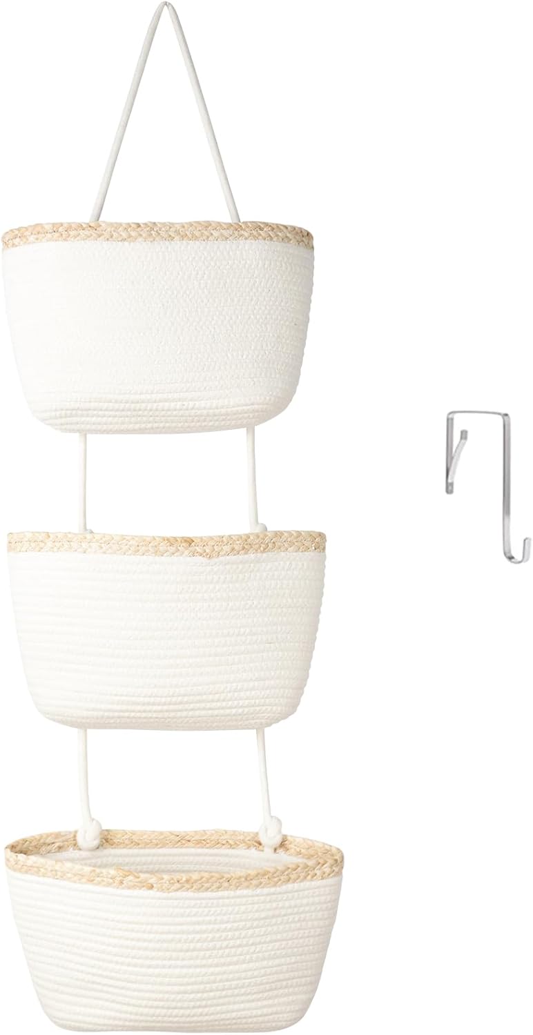 TeoKJ Over the Door Hanging Storage Basket Wall Organizer White&Light Brown