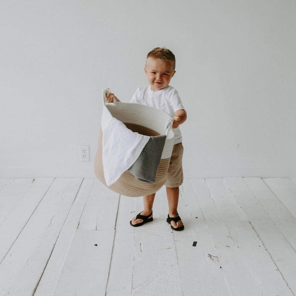 Parker Baby Co. Rope Storage Basket, Large Nursery Storage Bin - White/Tan