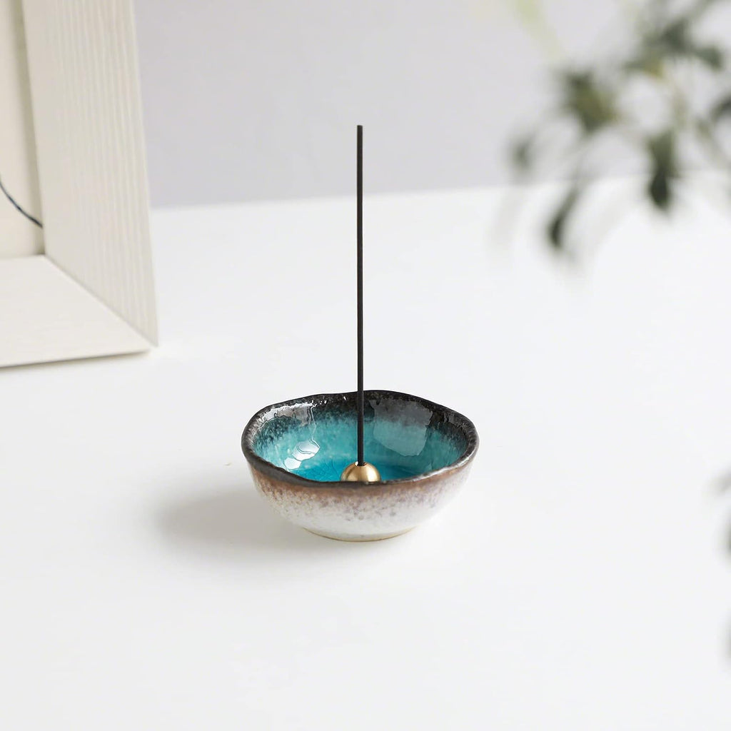 Asayu Japan Mini Incense Holder for Sticks, Ocean Blue Ceramic Plate 3.3in