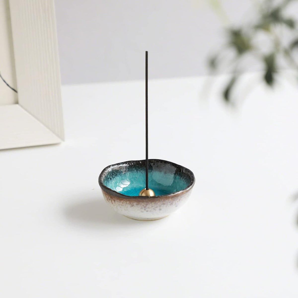 Asayu Japan Mini Incense Holder for Sticks, Ocean Blue Ceramic Plate 3.3in