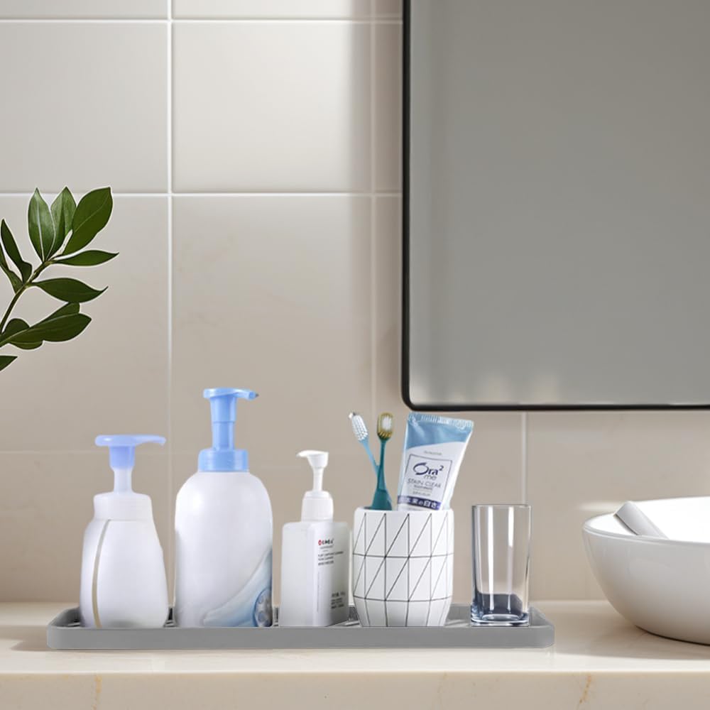 Silicone Organizer Tray for Kitchen Sinks and Bathrooms. Dishwasher-Safe, Non-Slip Countertop Tray, Bathroom Drawer Organizer Trays. Perfect for Makeup & Trinkets (Gray L 1PC)