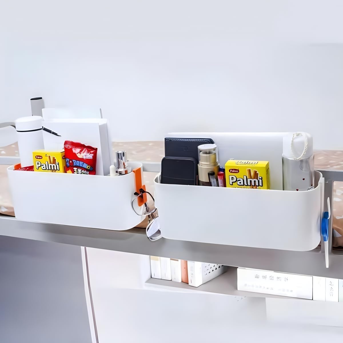 Bedside Caddy Hanging Basket Organizer with Hooks Dorm Bunk Beds Shelf Night Table Storage Holder for Remote Controls Magazines Phone Glasses Bottle (White)