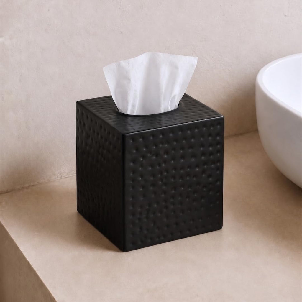 Monarch Abode Tissue Box Cover Square – Hand Hammered Black Metal Tissue Holder Box for Bathroom Accessory, Aesthetic Decorative Facial Napkin Cube for Modern Home Decor