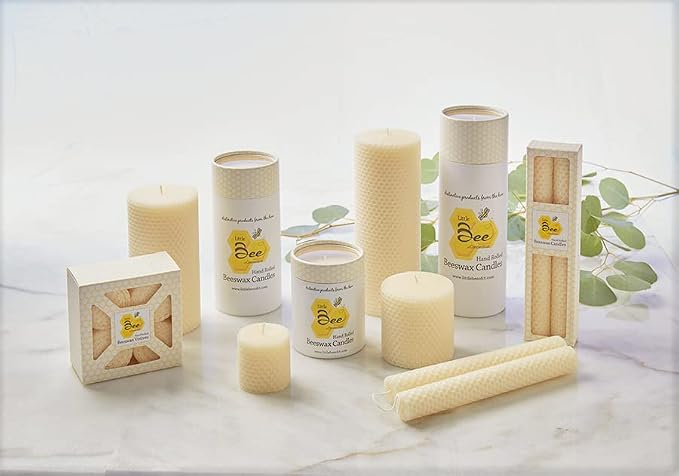 8 Inch Hand-Rolled Beeswax Taper Candles - Little Bee of CT (Three Pairs)