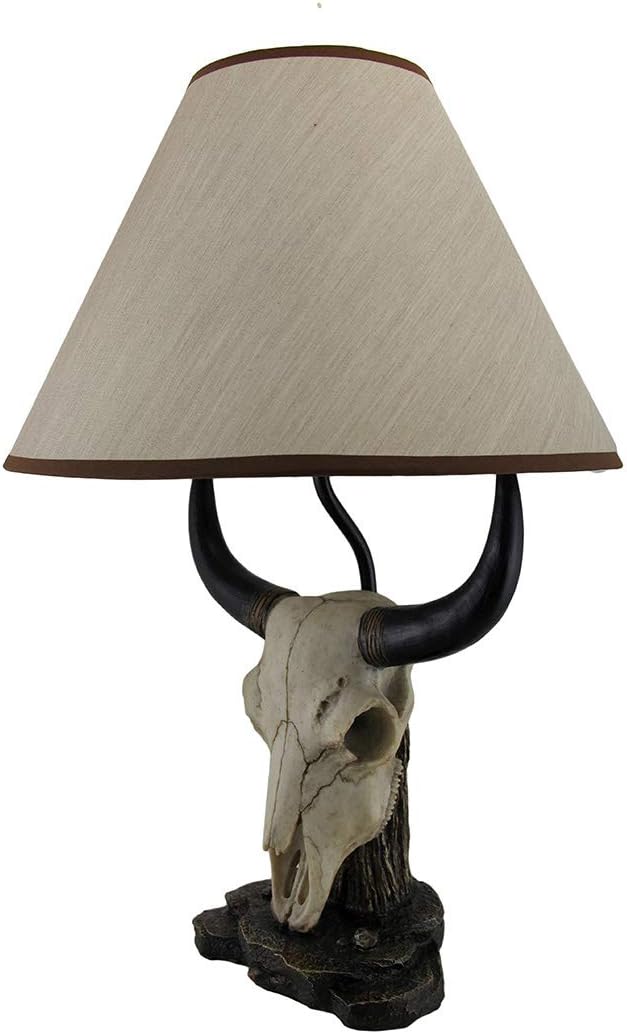Bull Skull Table Lamp, 19.5 Inch Weathered Resin with Beige Fabric Shade