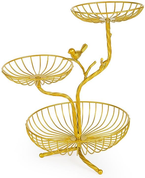 LANDTOM 3-Tier Fruit Basket Holder Decorative Fruit Bowl Rack Metal Stand Table Countertop Holder for Vegetables Bread Snack for Kitchen Home Use, Gold (Type E)