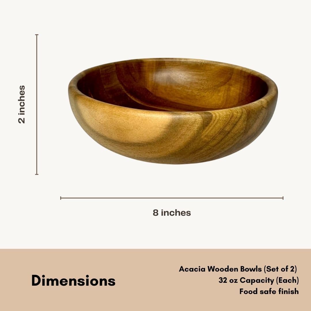 Rest&Rooted Acacia Decorative Wooden Bowls (2 Pcs) - Bowls for Food like Soup, Salad & So On - Water Resistant & Food Safe Wooden Salad Bowl Set - Perfect Nature-Friendly Modern Kitchen Decor (32 oz)