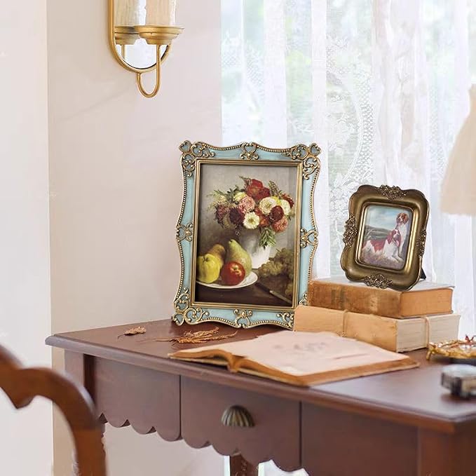 Vintage Picture Frame,Antique Style,Old-Fashioned,Square/Oblong Shape,Gold Floral Relief,Wall and Tabletop Victorian Frame (Sea Foam Green, 5X7)