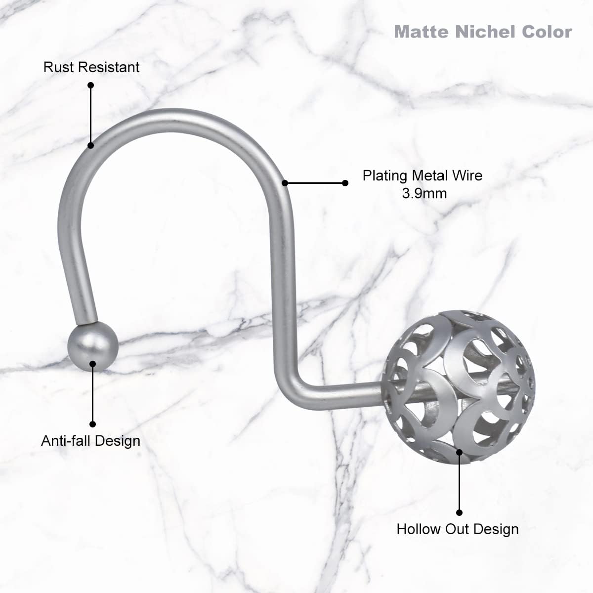 Gracelife 12Pcs Hollow Ball Shower Curtain Hooks Luxury Quality Rustproof Stainless Steel Shower Curtain Rings Hooks for Bathroom Rod (Nickel)