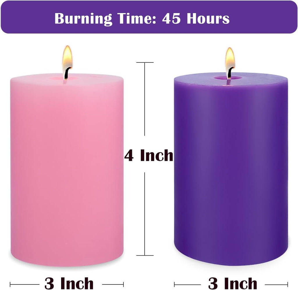 Set of 4 3x4 Inch Christmas Advent Pillar Candles, Unscented 3pcs Purple and 1pc Pink Solid Colored Candles for Christmas - 45 Hours Burn