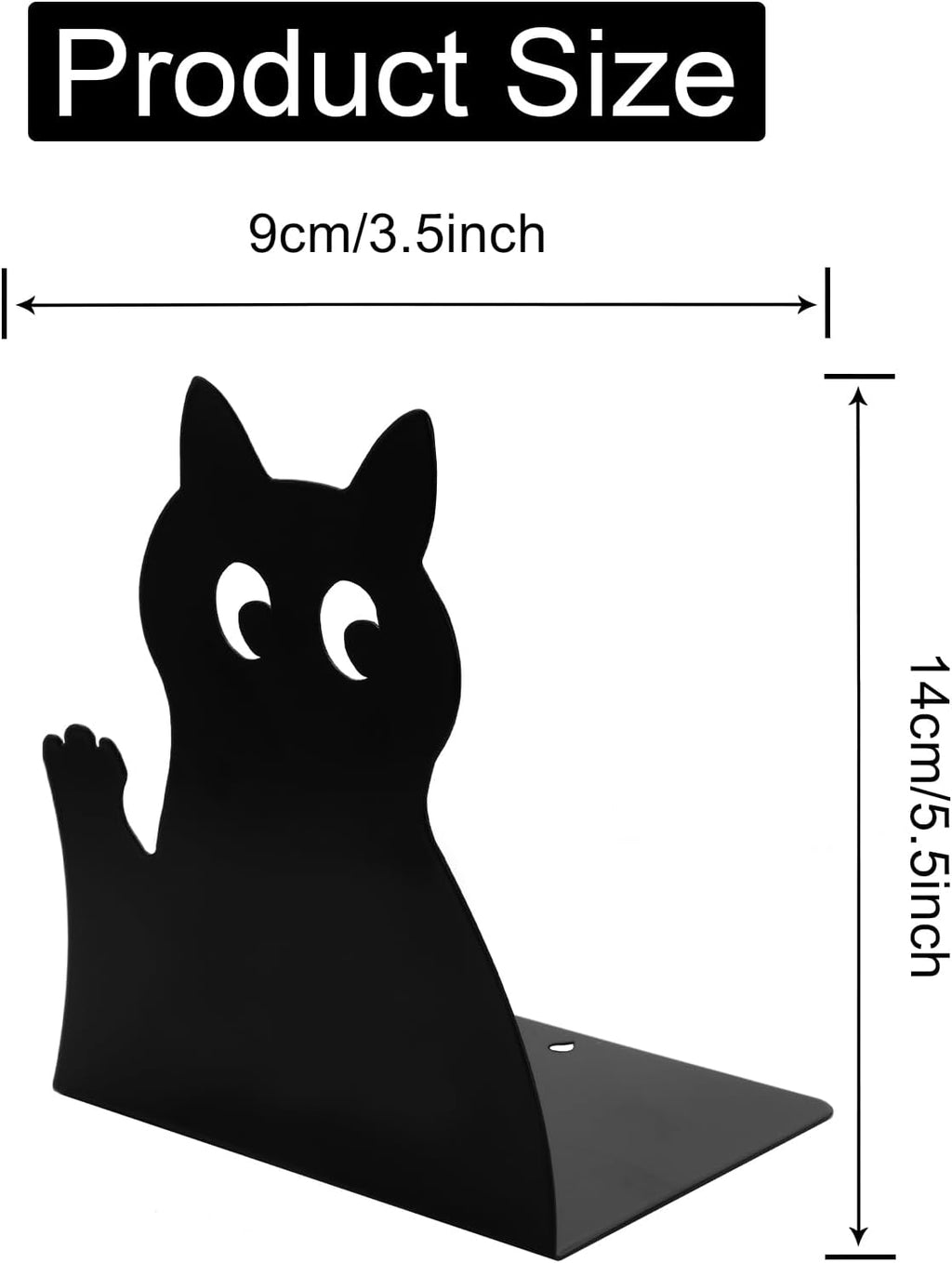 Cute Black Cat Bookends Metal Cat Book Ends Kids Bookends Office Journal Holder Library Decoration Bookshelf Book Organizer for Christmas Birthday Back to School Student Gift (Black Raise Hand)