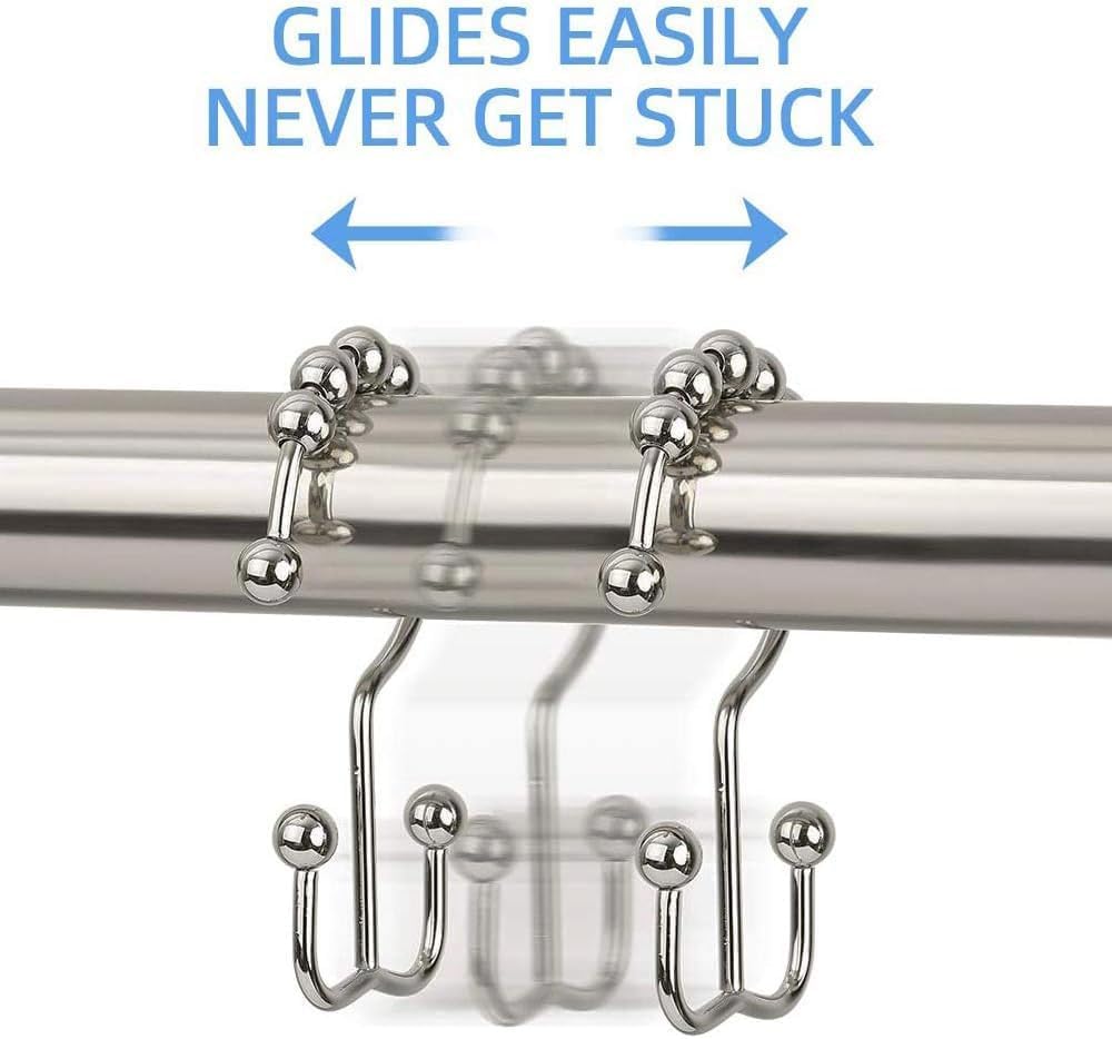DAWNER Shower Curtain Hooks, Rust Proof Metal Easy Glide Double Rings, Stainless Steel Hangers for Bathroom Curtains, Set of 12, Brushed Nickel (Pack of 3)