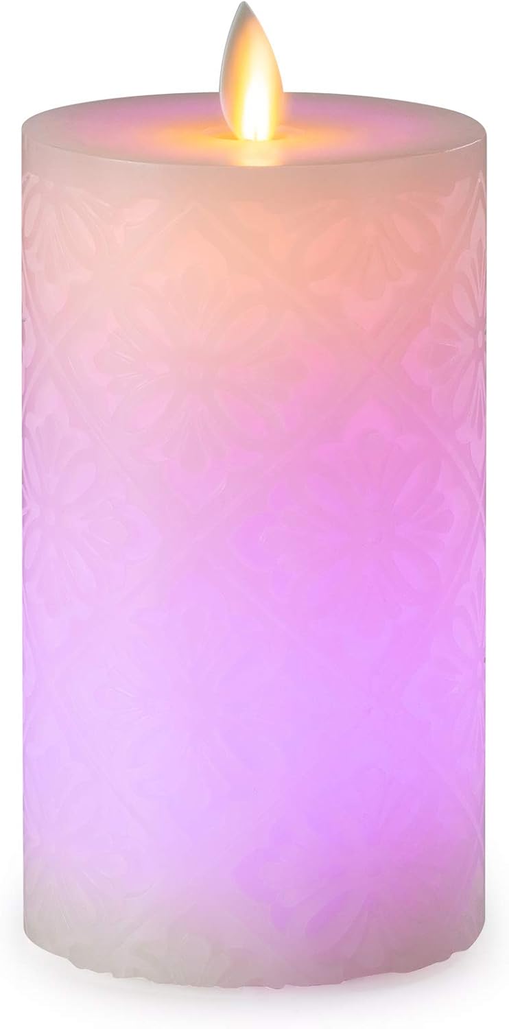 Flameless Candle, Real Wax LED Candle, Safety RGB Light, Run by 2 AA Batteries(not Included), Ivory Wax, D: 3.2'', H: 6.3'', Floral Pattern, Dancing Flame, Remote to Multi Color, 4H 8H Timer, Flicker