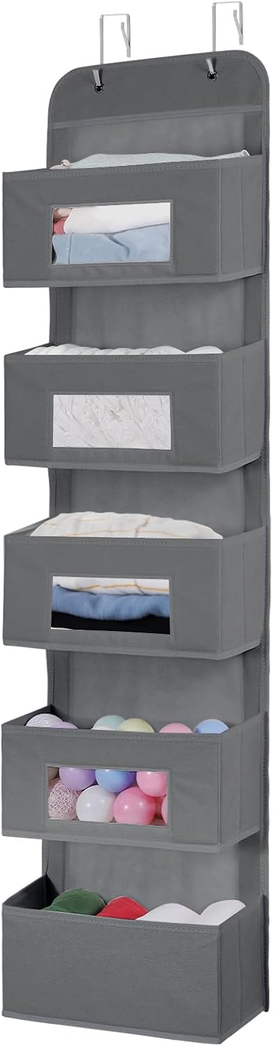 5-Shelf Over The Door Hanging Organizer with 2 Hooks for Room, Gray