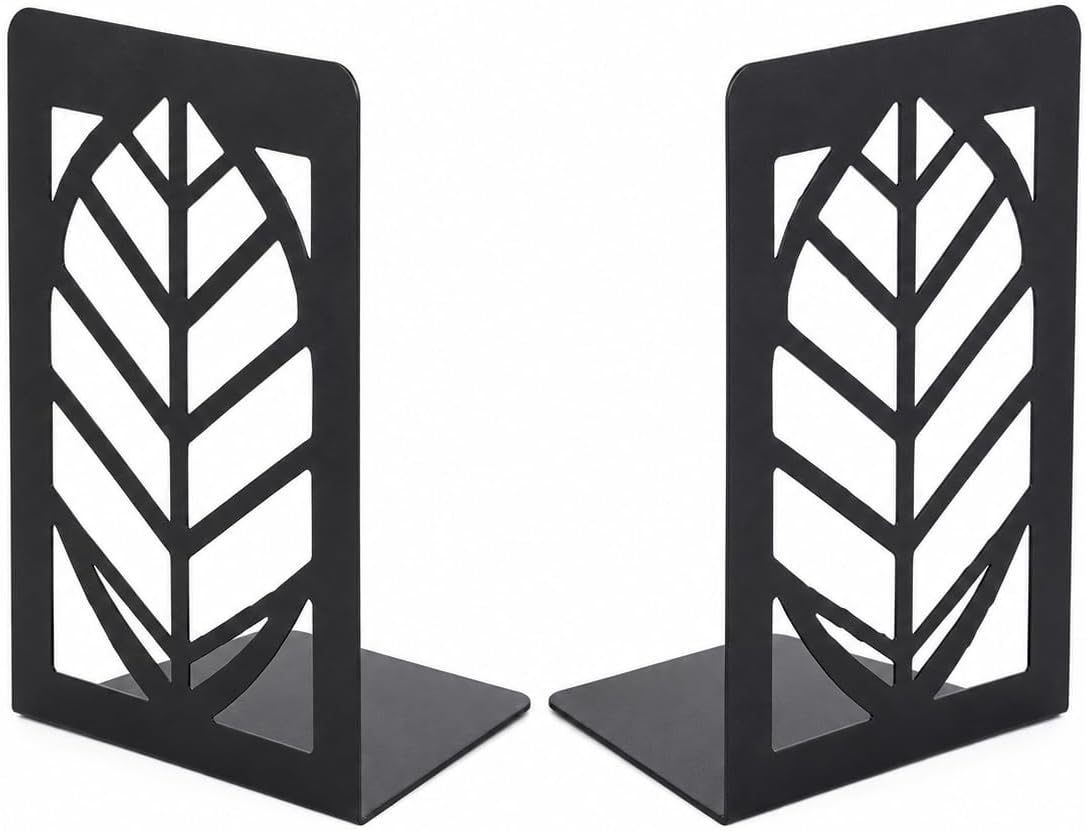Leaf Vein Bookends, Set of 2 (1 Pair), Matte Black Metal Book Ends for Shelves, Bookshelf, Desk and Home Library Decor