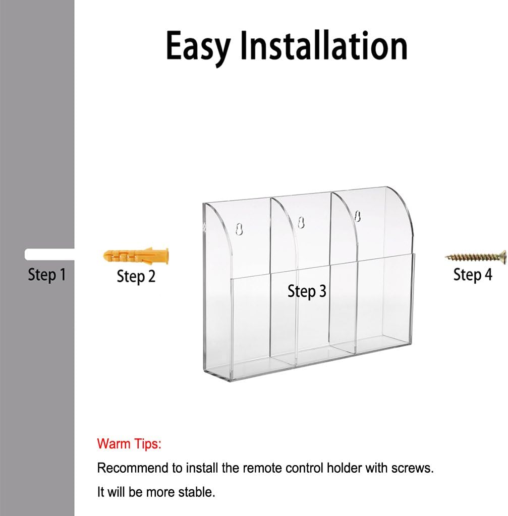 Hipiwe Wall Mount Remote Control Holder Acrylic Media Organizer, 3 Slots