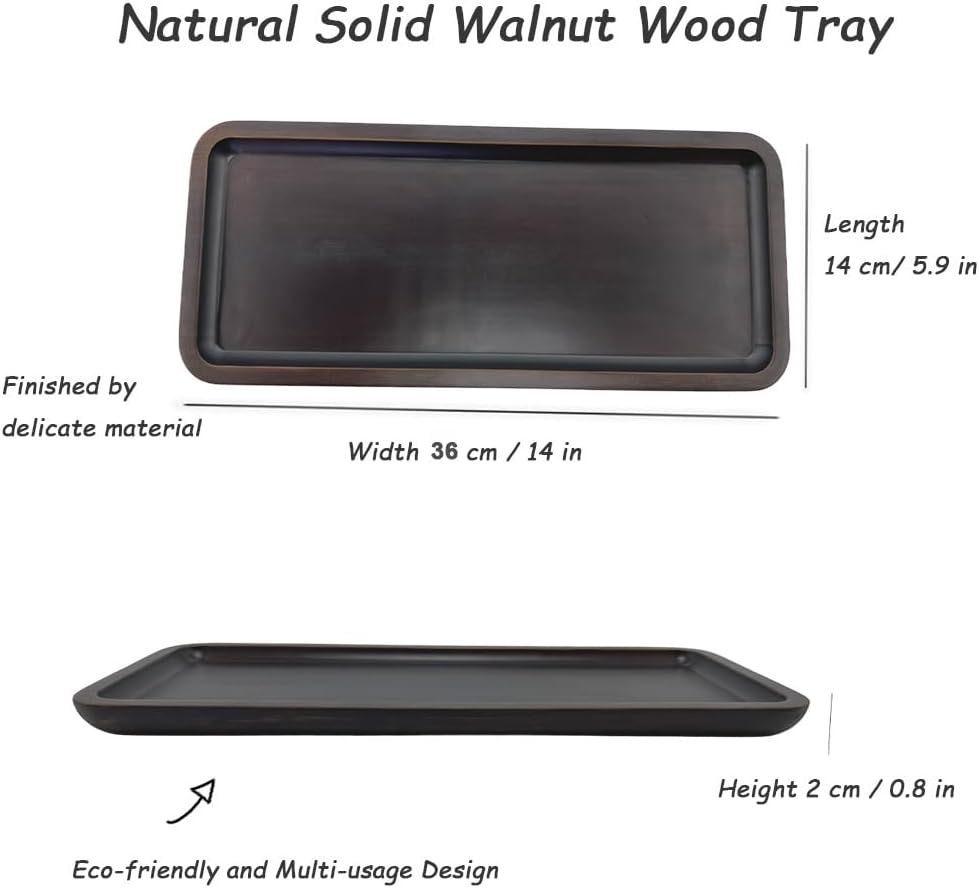 Wood Vanity Tray, Bathroom Counter Solid Walnut Organizer, Toilet Tank Top Wooden Serving Plate for Dinner Tea Coffee (Natural Walnut Color, 14 x 5.9 inch)