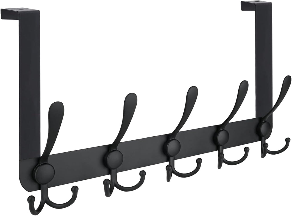 TICONN Over The Door Hooks, 5 Heavy Duty Tri Coat Rack All Metal Coat Hanger for Bathroom Bedroom Dorm (Matte Black, 1PK, Fit 1-3/8" Doors)