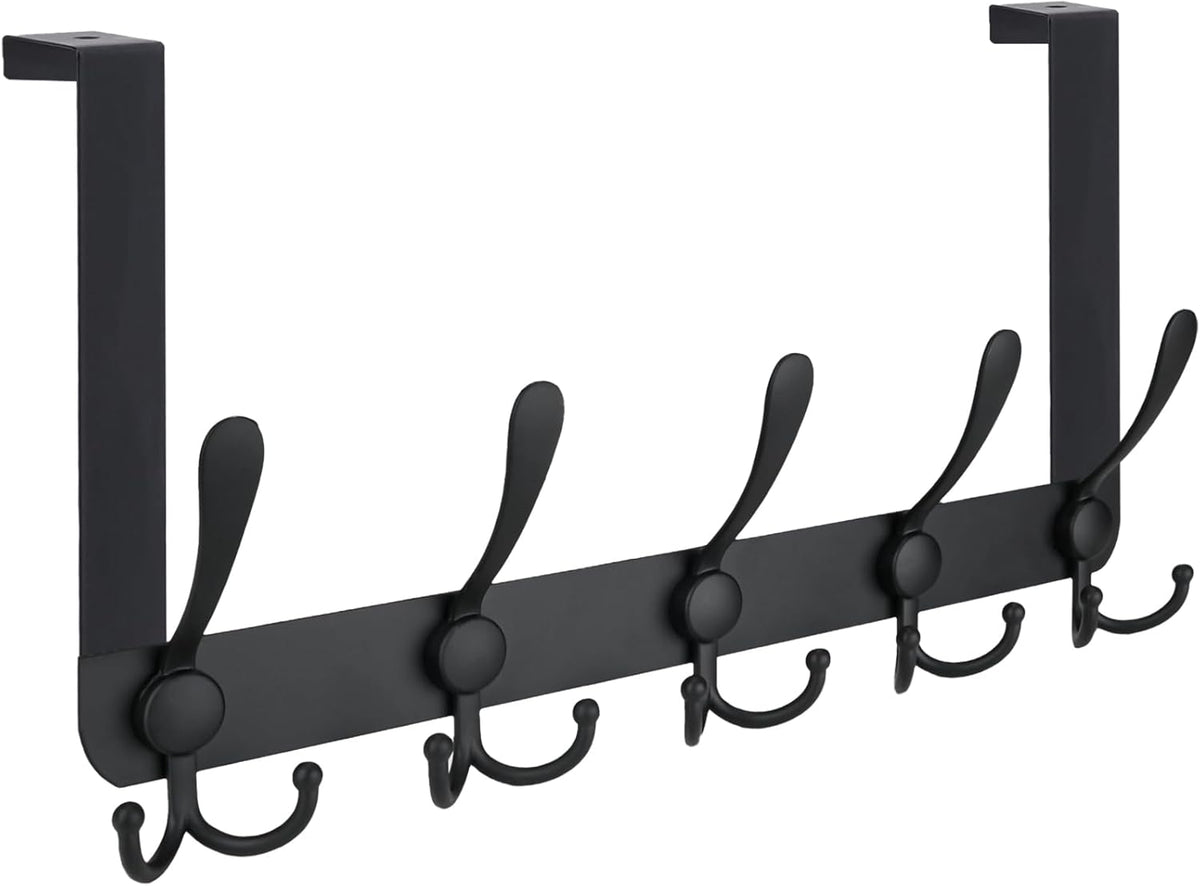 TICONN Over The Door Hooks, 5 Heavy Duty Tri Coat Rack All Metal Coat Hanger for Bathroom Bedroom Dorm (Matte Black, 1PK, Fit 1-3/8" Doors)