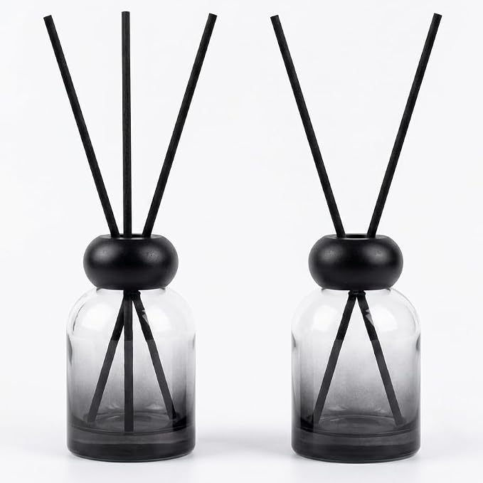 2 Pack 120ml Empty Reed Diffuser Bottles with 10 Reed Sticks, Clear Glass Diffuser Set with Wooden Caps for DIY Home Fragrance, Bathroom, Bedroom and Office (2, Gradient Gray)