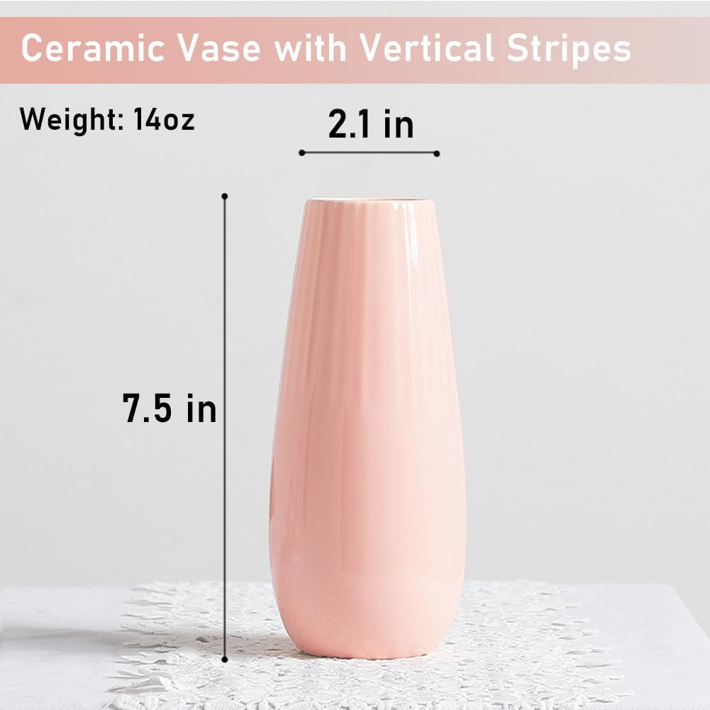 Pink Ceramic Vase, 7.5 Inch Flower Vase with Vertical Stripes for Pampas Calla Lily Tulip, Minimalism Modern Style for Housewarming, Weddings, Birthday, Christmas, Thanksgiving, New Year