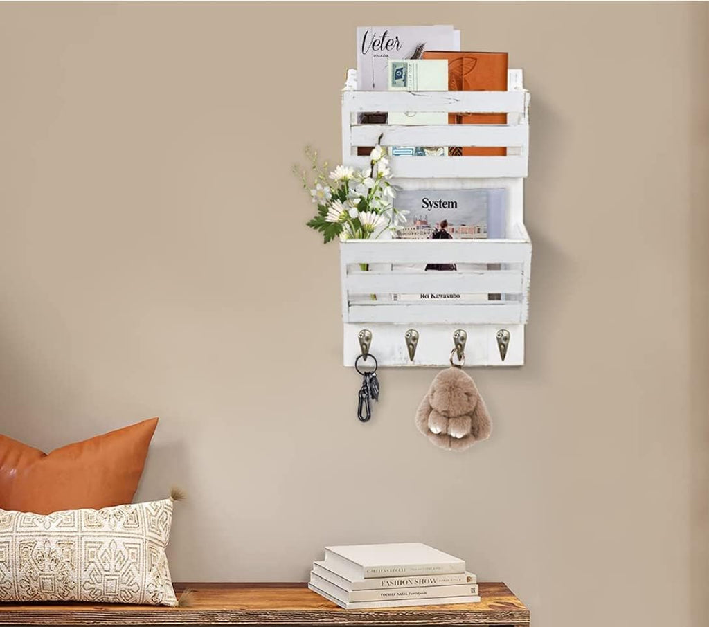 Unistyle Mail Holder with Key Hooks Mail Organizer Wall Mount Hanging Mail Organizer for Home,Office,Entryway,Mail Holder Wall Mounted for Letter, Magazines, Keys, Leashes
