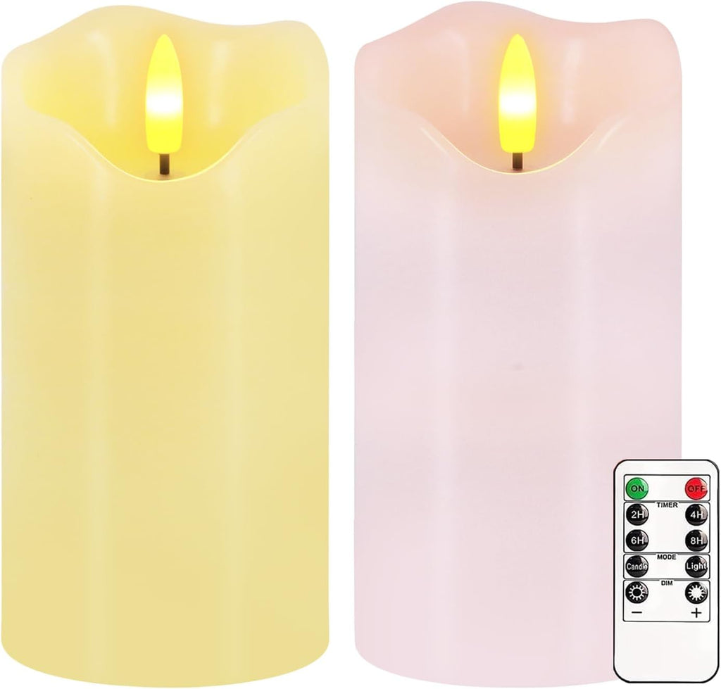 Flameless Candles Light, Set of 2 6"x3" Flickering Pastel Spring LED Candles with Remote & Timer, Dimmable Real Wax Easter Pillar Candles Battery Operated for Home Spring Easter Decor (Pink Yellow)
