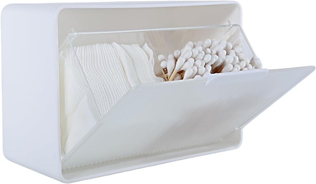 DASITON Wall Mounted Qtip Holder, Cotton Swab Storage Box with Lid, Bathroom Canister Organizer for Cotton Swabs, Balls, Pads, Floss Picks, Waterproof Bathroom Storage Container for Vanity (Clear L)