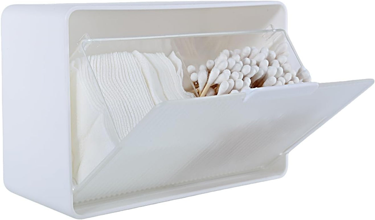 DASITON Wall Mounted Qtip Holder, Cotton Swab Storage Box with Lid, Bathroom Canister Organizer for Cotton Swabs, Balls, Pads, Floss Picks, Waterproof Bathroom Storage Container for Vanity (Clear L)
