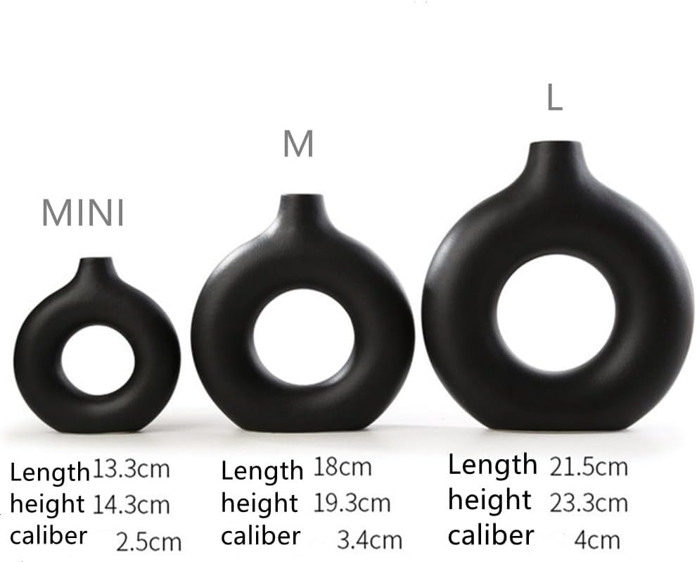 White Ceramic Vases for Pampas Grass,Water Drop Design Doughnut vase Modern Home Decor Minimalist Nordic Boho Ins Style (Black Mini)