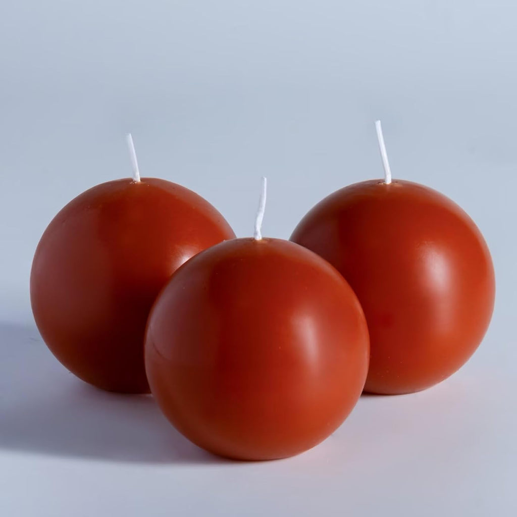 MOZEAL Hand-Poured, 3 Inch Burnt Orange Round Ball Candles - Elegant Burnt Orange Round Pillar Candles Set of 3, Dripless, Unscented, Smokeless, Ideal for Autumn Gatherings.