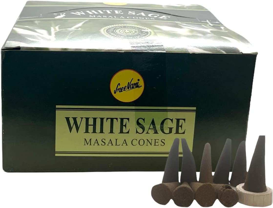 Sreevani Natural Masala Incense Cones and Holder Bundle, 120 Cones Total, White Sage