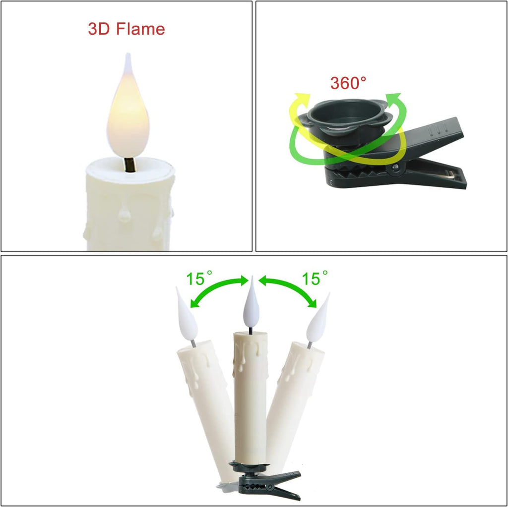 Pack of 10 Clip On LED Taper Candle with 3D Flickering Flame, Battery Operated Taper Candle with Clips and Remote, Plastic, Ivory