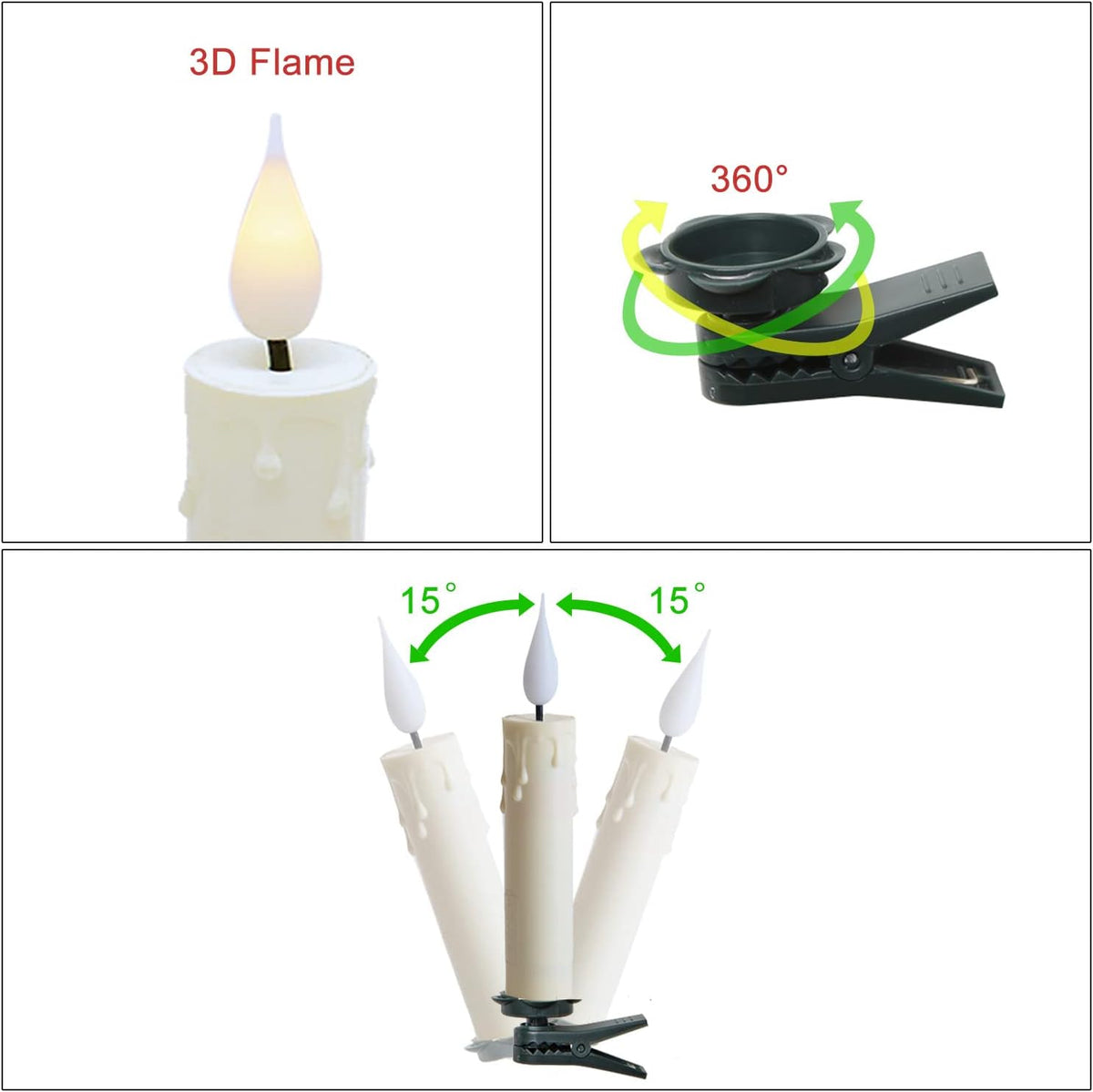 Pack of 10 Clip On LED Taper Candle with 3D Flickering Flame, Battery Operated Taper Candle with Clips and Remote, Plastic, Ivory