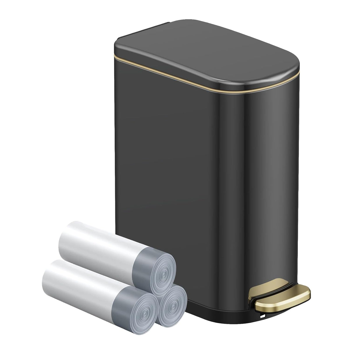 2.6 Gal Bathroom Trash Can with Soft Close Stay Open Lid, Small Rectangular 10L Stainless Steel Waste bin for Narrow Space, Waterproof, Titanium Black