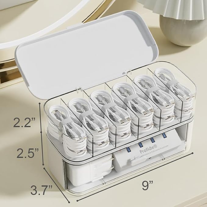 Cord Organizer Box with Lid, Stackable Cable & Charger Organizer, Clear Cable Management Box with 6 Compartment for Office, Desk, Drawer