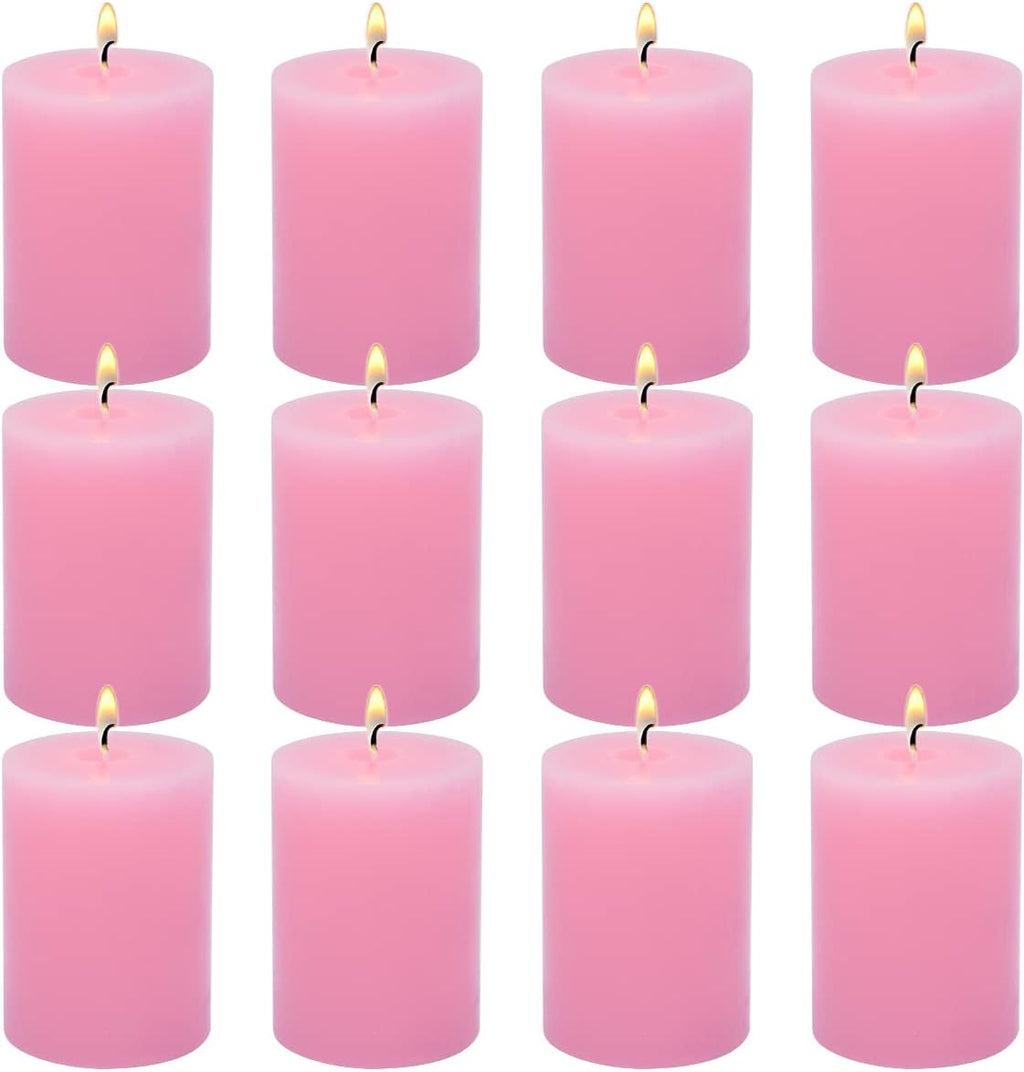 12 Pack 2x3 Inch Pink Pillar Candles for Romantic Valentine's Day, Unscented Column Candles for Home Restaurants Spa Church Weddings, Smokeless Dripless and Clean Burning Emergency Candle