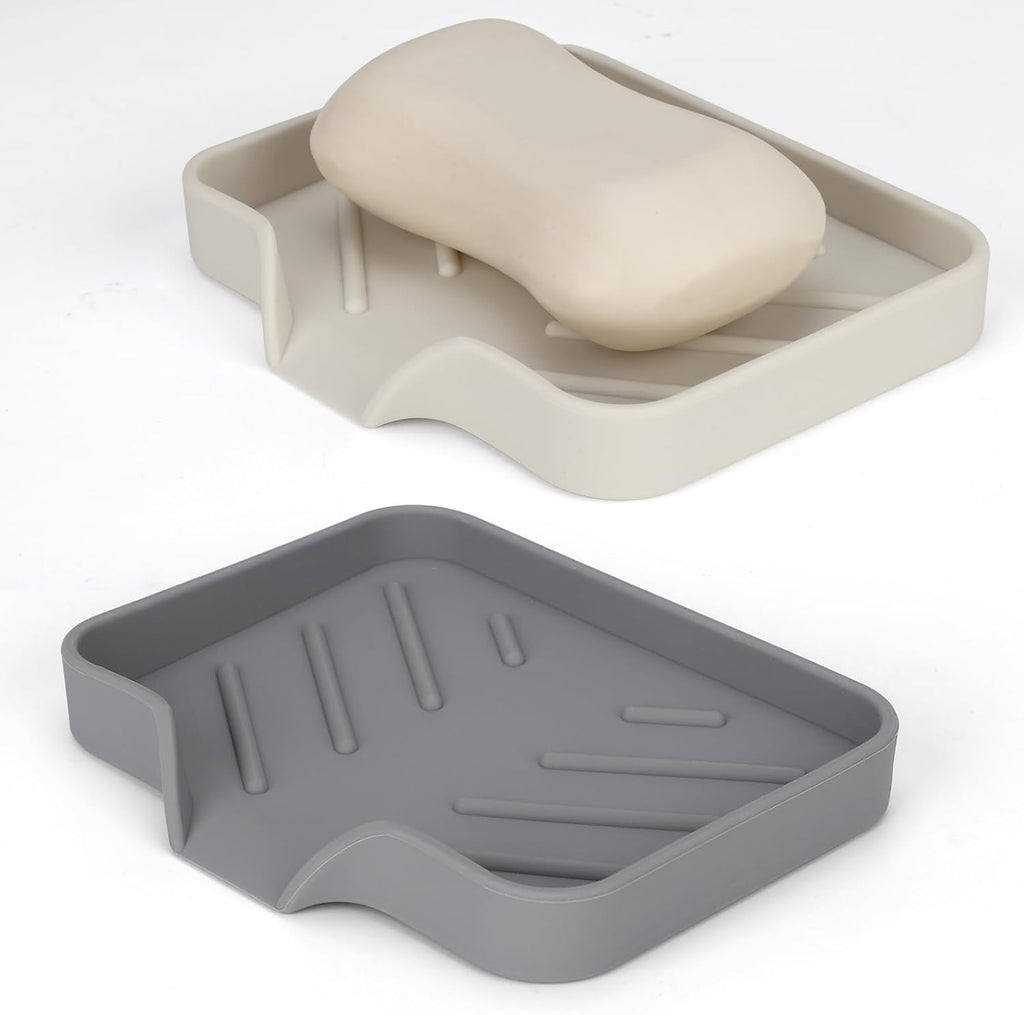 2 Pack Silicone Soap Dish for Shower with Self Draining Grey & Beige White