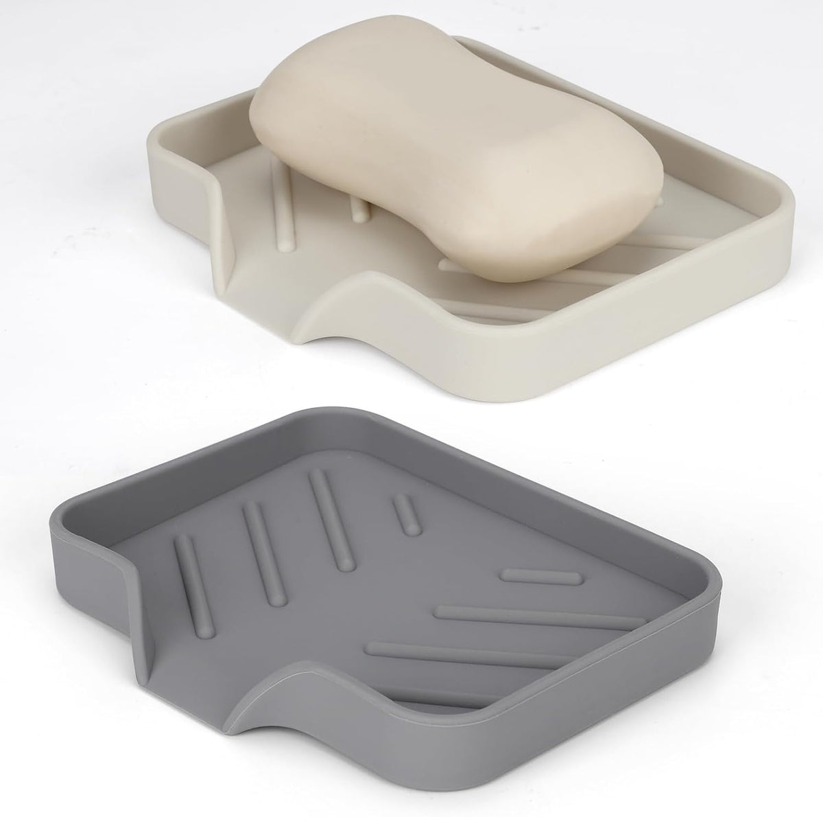 2 Pack Silicone Soap Dish for Shower with Self Draining Grey & Beige White