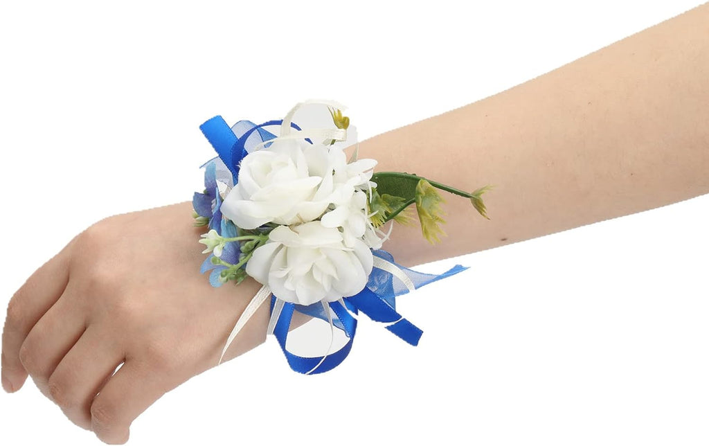 6Pcs White and Blue Artificial Rose Wrist Corsages for Wedding Prom