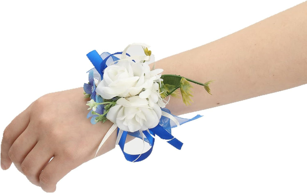 6Pcs White and Blue Artificial Rose Wrist Corsages for Wedding Prom
