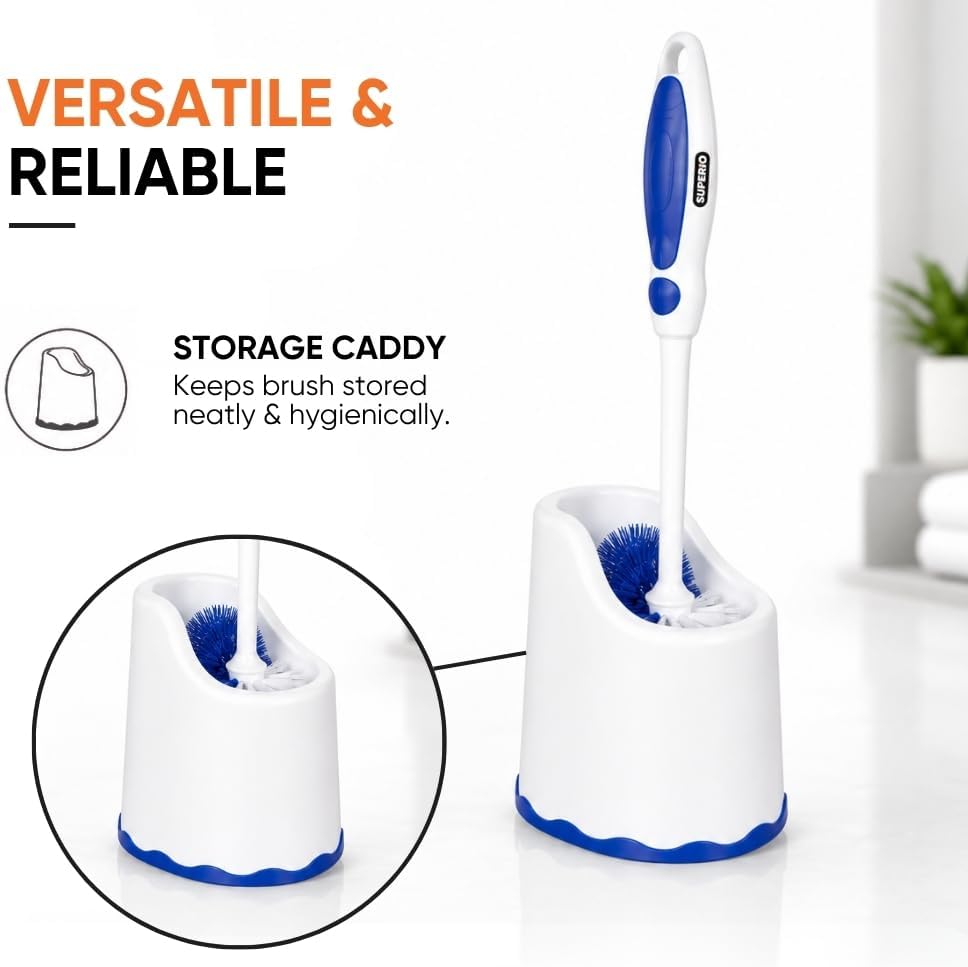 Superio Toilet Brush and Holder,Toilet Bowl Cleaning System with Scrubbing Wand, Under Rim Lip Brush and Storage Caddy for Bathroom, White and Blue