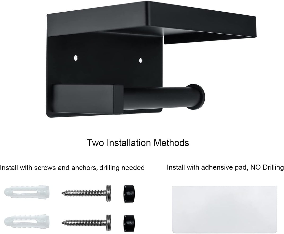 Toilet Paper Holder Tissue Roll Hanger with Shelf SUS304 Stainless Steel Matte Black Bathroom Lavatory Hardware Wall Mount Adhesive