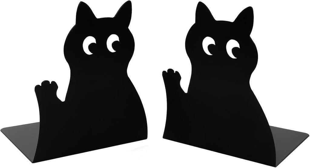Cute Black Cat Bookends Metal Cat Book Ends Kids Bookends Office Journal Holder Library Decoration Bookshelf Book Organizer for Christmas Birthday Back to School Student Gift (Black Raise Hand)