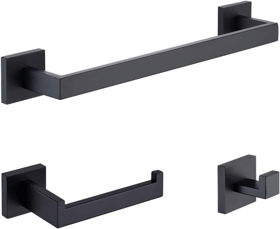 TASTOS 3-Piece Bathroom Hardware Set Matte Black Wall Mounted Bathroom Accessory Set, Premium Stainless Steel Robe Hook Toilet Paper Holder 16-Inch Towel Bar (Black)