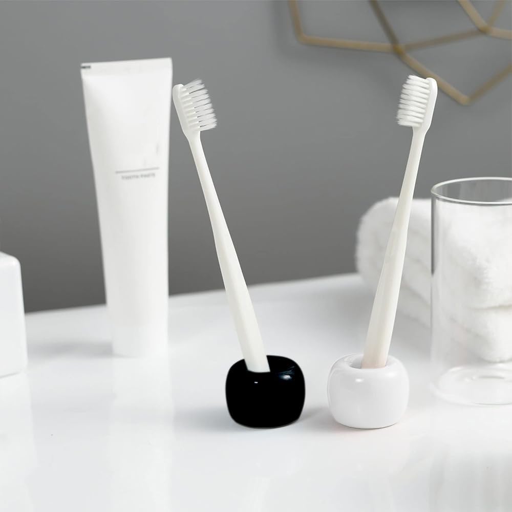 Mini Ceramics Toothbrush Holder Stand for Bathroom Vanity Countertop, Handmade Couple Toothbrush Head Holder, Shaver Holder and Office Pen Holder, Black&White, Pack of 2