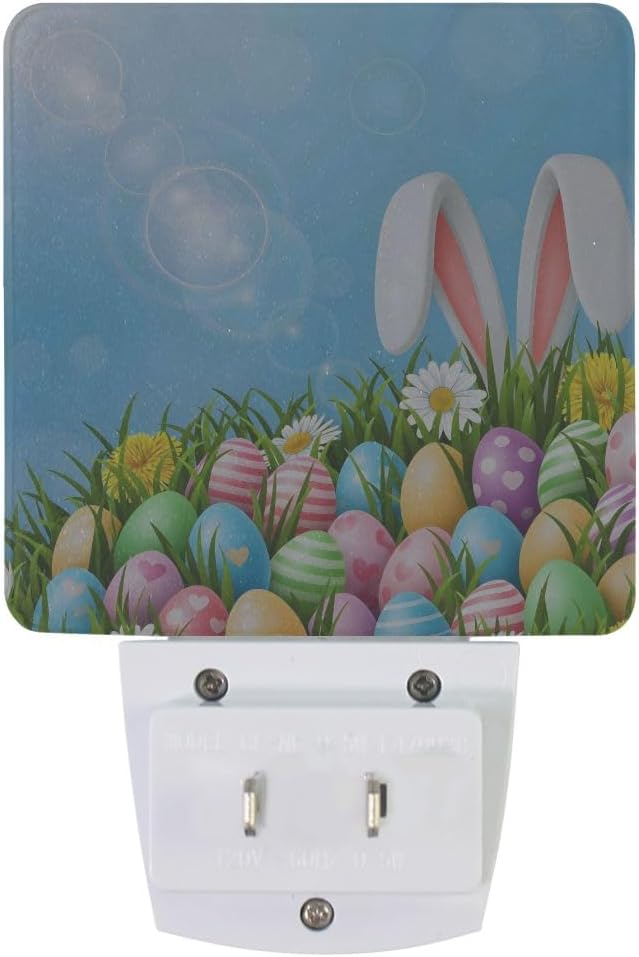 Easter Colorful Eggs Rabbit Night Light Set of 2 Nightlights Plug-in LED Nightlight Auto Dusk-to-Dawn Sensor Lamp for Bedroom Bathroom Home Decor