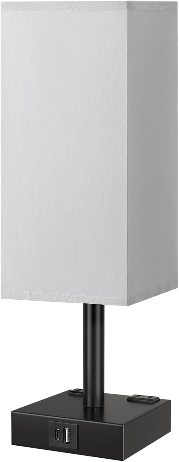 Grey Touch Table Lamp for Bedroom - Dimmable, USB C+A, 2 AC Outlets