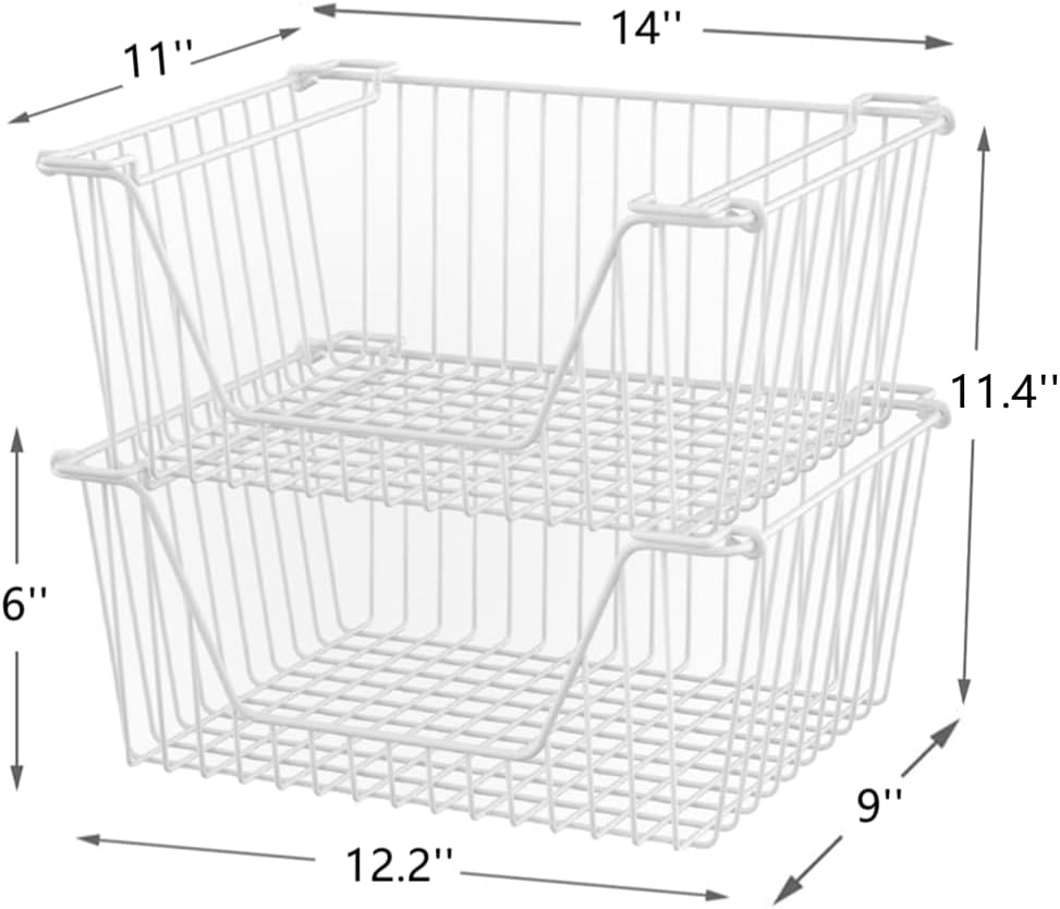 Slideep 14'' Large Stackable Storage Baskets Cabinet Organizer Sturdy Metal Wire Pantry Freezer Bin for Pantry Home Bathroom Kitchen Organization White - 4 Pack