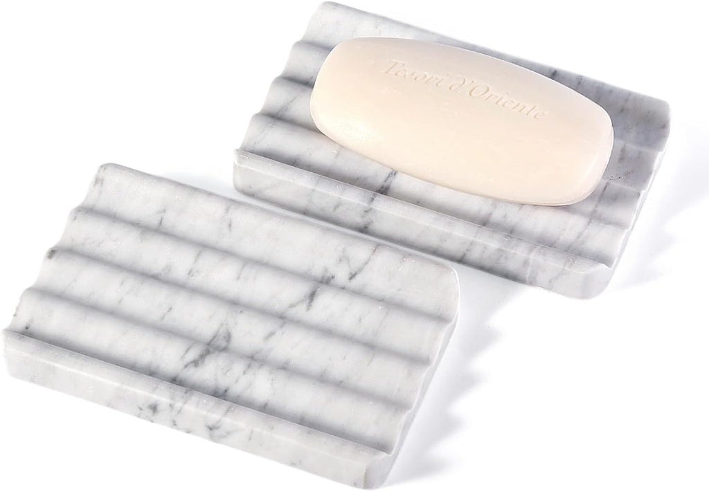2PCS Koville Italian Natural Marble Soap Dish for Shower, Stone Soap Tray for Bathroom, Bar Soap Holder for Sink, Stripe Grooves Saver Keep Bars Dry Easy Clean (Bianco Carrara)